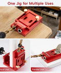 Badass Pocket Hole Jig Kit With Adjustable Drill Guide For Tight Woodworking Joints on workbench showing vertical and parallel uses.