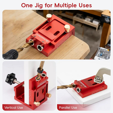 Badass Pocket Hole Jig Kit With Adjustable Drill Guide For Tight Woodworking Joints on workbench showing vertical and parallel uses.