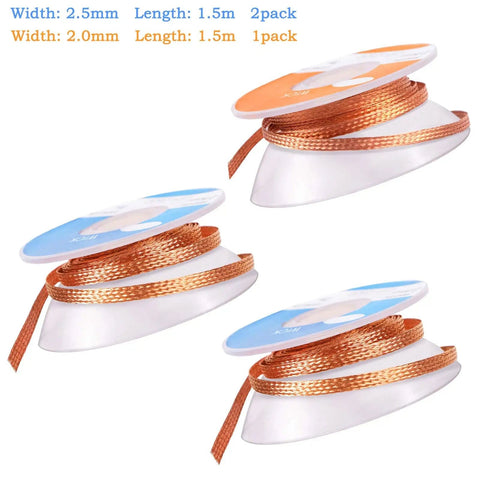 No Clean Solder Braided Wick Set For Easy Desoldering, 3 Pack Wicks For Quick Solder Removal Tool, copper woven 2.5mm and 2.0mm widths