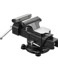 Built Like A Tank Heavy Duty Bench Vise With 4 Inch Ductile Iron Jaws And Full Rotary Swivel Base shown from the side.