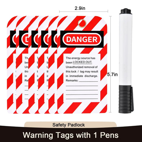 Lockout Tagout Kit For Electrical Safety, OSHA Compliant Group Lockout Hasps, LOTO Tags shown with dimensions, includes black pen