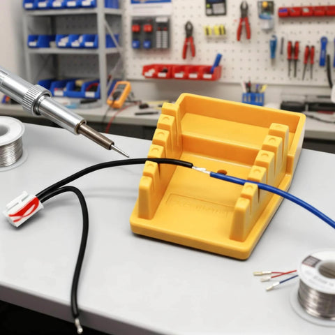 Wire Soldering Holder With Heat Resistant Silicone Stand And Five V Shaped Grooves Plus Storage Tray And Helping Hands For Welding Fixtures Designed For 32AWG To 7AWG Wires Yellow in workshop setting