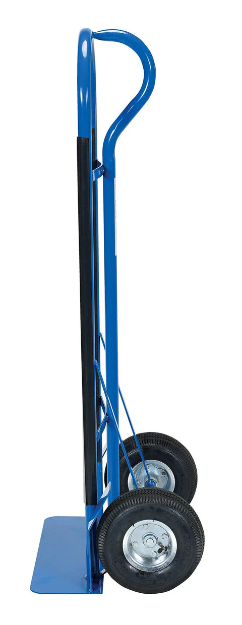 Beefy Heavy Duty P Handle Hand Truck With Pneumatic Wheels Steel Dolly Cart 600 Lb Capacity Blue Finish side view