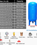 Vertical Pressure Water Storage Tank 150L Large Capacity With Fittings chart and blue tank with installation kit