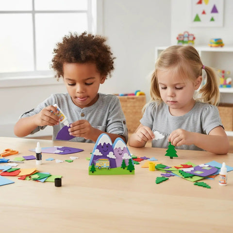 Children assembling Mountain Magnet Craft Kit Go Explore Adventure Awaits Makes 12 Rad Magnetic Wall Or Refrigerator Magnets.