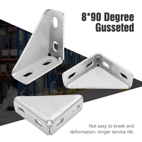 8 Pack 90 Degree Gusseted Fittings For 1-5/8 Inch Unistrut Channel, showing 3 gusset corner braces with 4 hole connectors