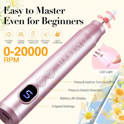 Dip Powder Nail Kit With Portable Electric Drill showcasing pink electric drill with LED display and various settings.