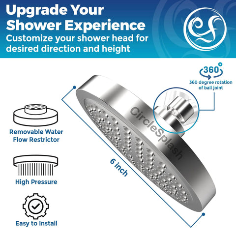 High Flow Rain Shower Head With Anti Clog Silicone Nozzles 2.5 GPM Removable Restrictor Easy Clean Adjustable Replacement