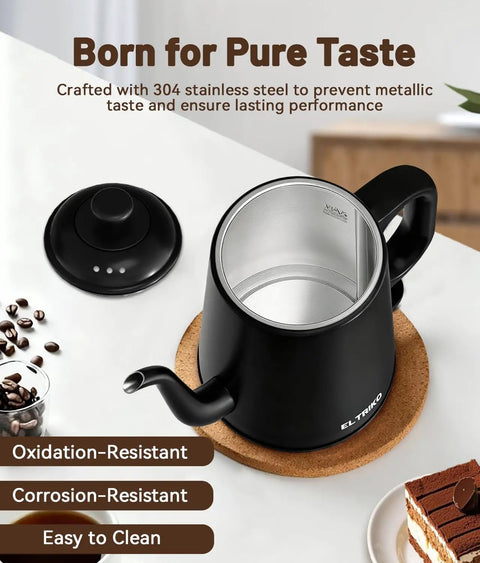 Gooseneck Electric Kettle For Epic Pour Over Coffee And Tea, 1L Stainless Steel Boiler, 1000W Fast Heat, Auto Shut Off, Boil Dry Protection