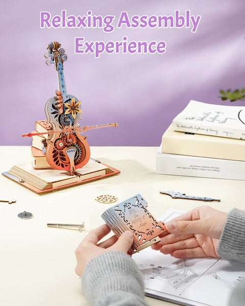 Dope 3D Wooden Cello Puzzle Model Kit With Mechanical Music Box And UV Gradient Finish For Adults, DIY Gift For Him Or Her, Gear Drive Cello Playing The Blue Danube, Unique Home Decor And Hobby Set, wooden cello puzzle assembly with hands