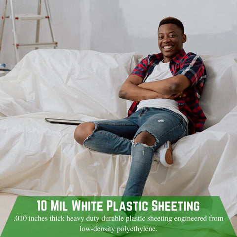 Person on couch covered with White 10 Mil Heavy Duty Plastic Sheeting Polyethylene Film For Drop Cloths And Vapor Barrier Painter Tarp Crawl Space Covering Tear Resistant Roll 20 Feet By 100 Feet Durable Multi Purpose Sheeting