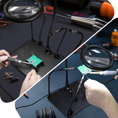 Magnetic Pro Grade Helping Hands Soldering Station With 3X Magnifying Lamp And Light, four flexible arms, precision workbench.