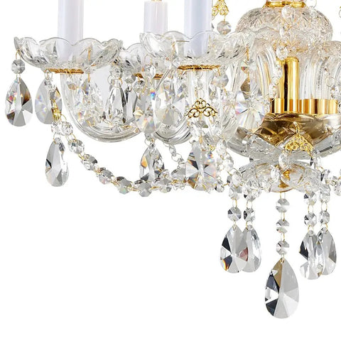 Close-up of Gold Finish K9 Crystal Chandelier With 6 Lights, French Classic Style Ceiling Fixture, sparkling crystal pendants