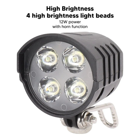 Ebike Headlight With Built In Horn 12W High Brightness LED Light For A Lit Night Ride 4 LED Beads One Point Five Meters Cable Universal 36V 48V 52V 60V Compatibility Safe Road Glow For Dark Streets And Late Night Commuting