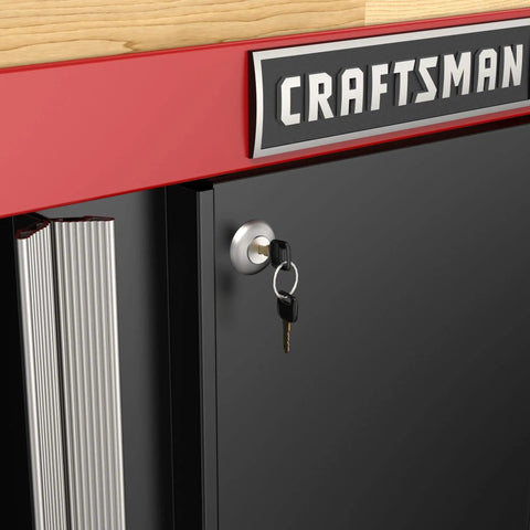 Close-up of locking system on Heavy Duty Metal Garage Storage Cabinet With Two Doors Base Unit, 1 Inch Butcher Block Work Surface.