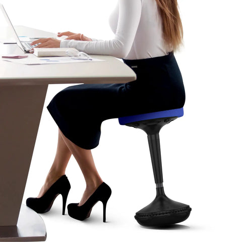 Woman using Flexible Standing Desk Stool for Ergonomic Active Sitting, Adjustable Wiggle Chair in office setting