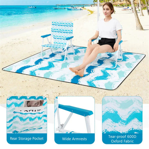 Blue Four Piece Beach Set With Sun Proof Umbrella Two Folding Chairs Waterproof Blanket And Portable Beach Kit on sandy beach