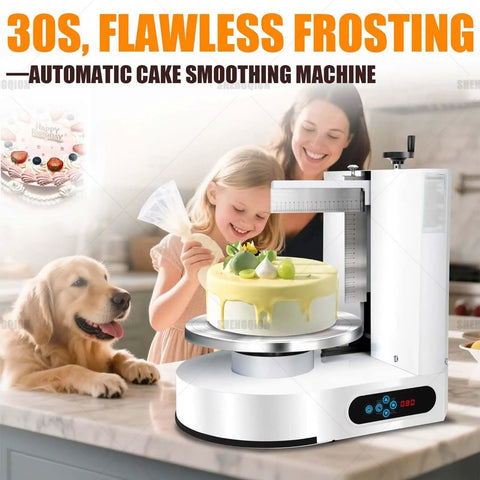Family using Automatic Cake Icing Spreading Machine With 200W Copper Motor Bidirectional Spin LCD Touch Panel Frost Cakes 4 To 12 Inches Like A Pro Pro Grade Decorating Tool For Home Bakers And Shops Even Frosting Every Time