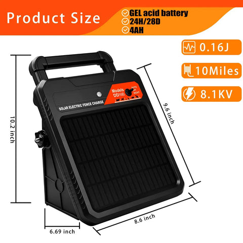 Grab-And-Go Portable Solar Fence Energizer With 10 Mile Range, 0.16J Output, Auto Night Mode, shown with dimensions labeled