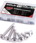410 Stainless Steel Self Drilling Screws Kit For Metal With Wafer Head Phillips Drive Six Size Assortment From Ten By Half Inch To Ten By One And A Half Inch 200 Count Pack For Sheet Metal Tek Screws displayed in box with screws in front