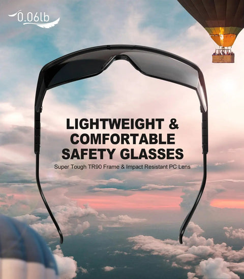 Anti Fog Safety Glasses With Side Shields UV400 Protection Tough As Nails Eyewear elevated against sky and hot air balloons