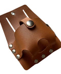 Heavy Duty Multiple Pocket Tool Organizer Built Tough For Hard Hats And Grease Monkeys, brown leather tool holder with snap.