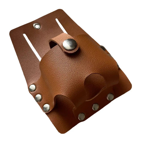 Heavy Duty Multiple Pocket Tool Organizer Built Tough For Hard Hats And Grease Monkeys in brown leather with metal studs.