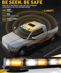 Rooftop Emergency Strobe Light Bar With 102 LED Amber And White Beacons Magnetic Base 12 To 24V on a truck, showing coverage range.