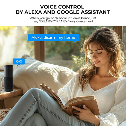 Woman reading a book near a wireless speaker, showing voice control with the Lock Down Your Spot With This Straightforward Wireless Home Alarm System Featuring Twenty Expandable Door Sensors And Sharp PIR Motion Detectors That Send Slick GSM Alerts Through The Tuya App While Playing Nice With Alexa For Rugged Protection.