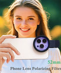 Woman holding phone with Clip On CPL Phone Filter For iPhone, Samsung, Pixel No Glare Rich Colors Pro Grade Polarization