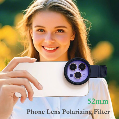 Woman holding phone with Clip On CPL Phone Filter For iPhone, Samsung, Pixel No Glare Rich Colors Pro Grade Polarization