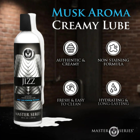 Rich Creamy White Water Based Body Glide With Musk Inspired Scent, Thick Slick Texture, 8.5 Oz, non-staining formula bottle.
