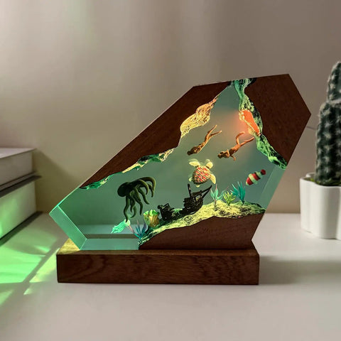 Cool Octopus Resin Lamp With Wooden Base Handcrafted Ocean Night Light RGB Color Changing Ambient Lamp For Bedroom Decor