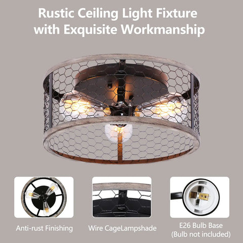 Rustic 3 Light Flush Mount Ceiling Fixture with wire cage lampshade and matte wood finish, ideal for hallways and kitchens.
