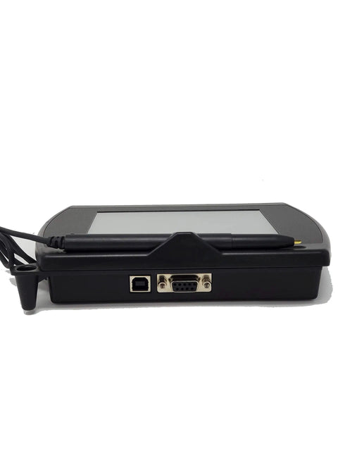Built Tough 5.7 Inch Biometric Electronic Signature Capture Pad With Color Screen And Virtual Serial Via Usb, black housing, rear view with port connections.