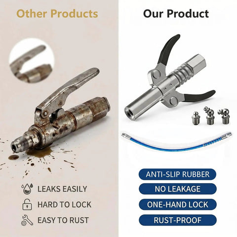 Comparison of old rusty grease coupler and new Heavy Duty Grease Gun Coupler Kit with 12 Inch Flexible Hose and fittings.