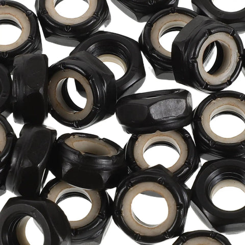 Heavy Duty M8 Locking Nuts For Skateboard Trucks 50 Piece Bombproof Iron Hardware Kit close-up view of black nuts with threaded interiors