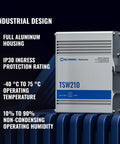 Industrial Unmanaged Gigabit Ethernet Switch With Eight RJ45 Ports And Two SFP Fiber Ports shown with aluminum housing and specs
