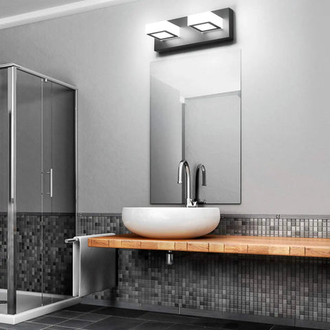 Two Lights Black Modern Bathroom Vanity Light With Acrylic LED Wall Fixture above mirror, sleek metal frame in bathroom