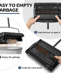 Manual Carpet Floor Sweeper With Dual Horsehair Brush Roll Quiet Non Electric Push Broom For Snagging Pet Hair And Lint No Sweat Home Cleaning Gear Black, easy empty feature with hands demonstrating.