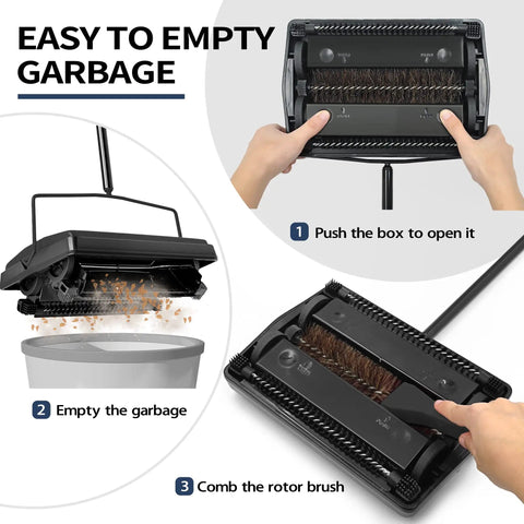 Manual Carpet Floor Sweeper With Dual Horsehair Brush Roll Quiet Non Electric Push Broom For Snagging Pet Hair And Lint No Sweat Home Cleaning Gear Black, easy empty feature with hands demonstrating.