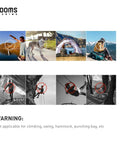 Image highlighting uses and non-uses of Two Inch Aluminum D Ring Carabiner Clips Pack Of Six Assorted Colors; not for climbing or swings.
