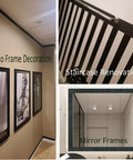 Interior design featuring photo frame decoration on walls, staircase renovation with black railing, and framed bathroom mirrors.