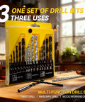 Beefy 16-Piece Drill Bit Set For Metal, Wood, Plastic, And Drywall Includes 6 Twist Bits, 5 Woodworking Bits, 5 Masonry Bits