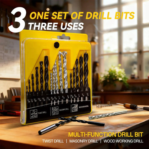 Beefy 16-Piece Drill Bit Set For Metal, Wood, Plastic, And Drywall Includes 6 Twist Bits, 5 Woodworking Bits, 5 Masonry Bits