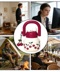 Collage of daily activities with a cherry-themed water bottle in center, showcasing versatility for home, work, camping, and dining out.