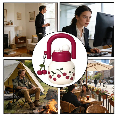 Collage of daily activities with a cherry-themed water bottle in center, showcasing versatility for home, work, camping, and dining out.