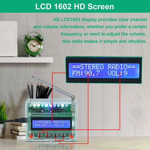 DIY FM Radio Kit With LED Pulse Lights And LCD Display 87 To 108 MHz Soldering Practice Project with highlighted LCD screen