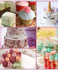 Top Shelf 114 Piece Cake Decorating Kit Loaded With Fondant Plunger Cutters Sugar Craft Molds Rolling Pin Scraper And Pro Level Icing Tools For Killer Diy Baking - Decorated cakes and cupcakes showcasing fondant roses and whimsical themes.