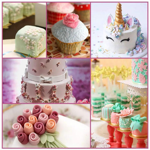 Top Shelf 114 Piece Cake Decorating Kit Loaded With Fondant Plunger Cutters Sugar Craft Molds Rolling Pin Scraper And Pro Level Icing Tools For Killer Diy Baking - Decorated cakes and cupcakes showcasing fondant roses and whimsical themes.